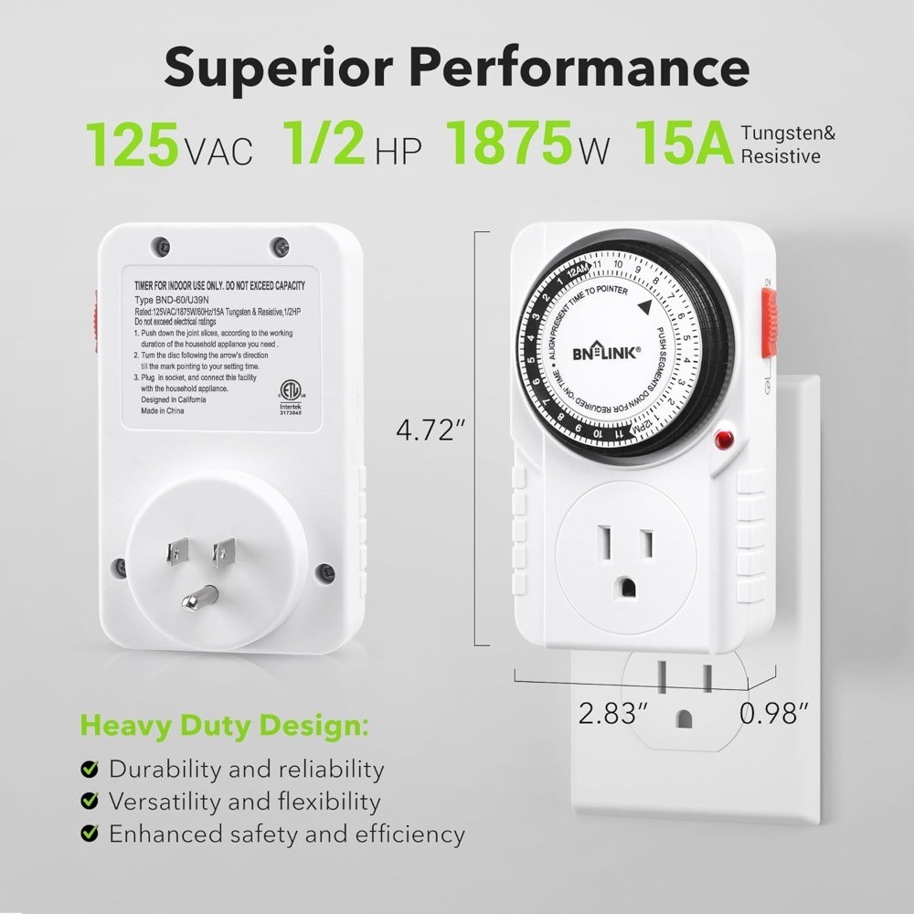 24 Hour Plug-in Mechanical Timer Grounded for Aquarium Grow Light Hydroponics