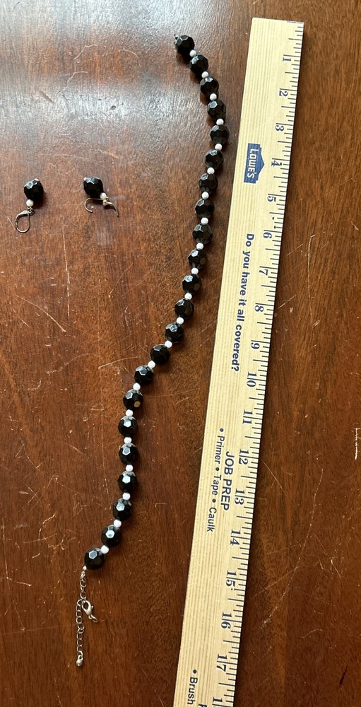 Bracelet and Earring - Silver And Charcoal Plastic Beads