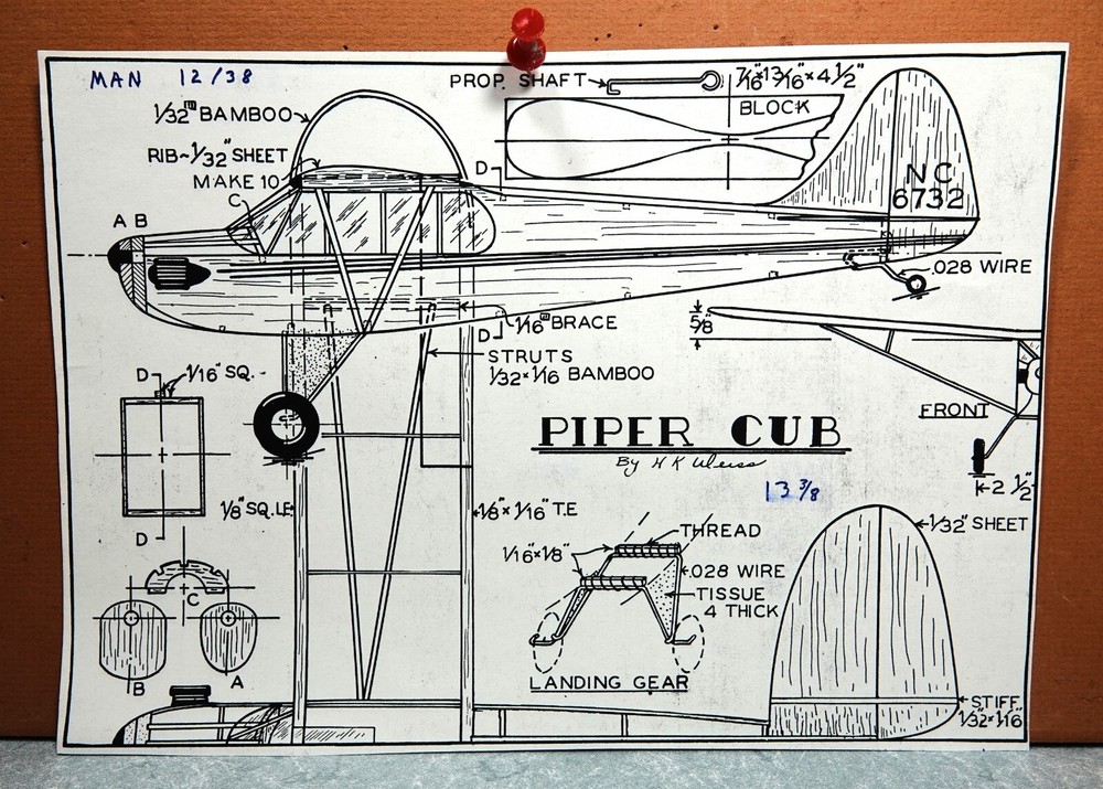 PIPER CUB BALSA FREE FLIGHT MODEL AIRPLANE PLANS 13" WINGSPAN