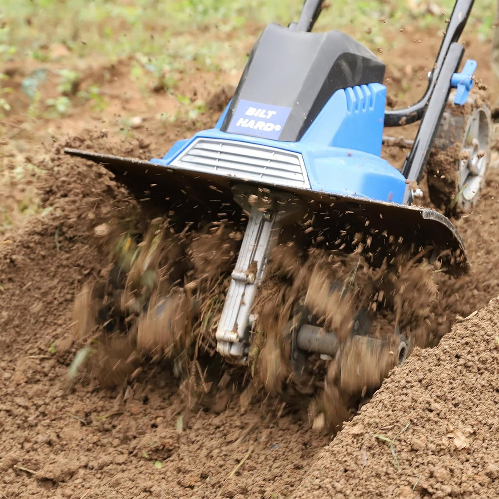Powerful 16-Inch Electric Garden Tiller with Adjustable Wheels & Foldable Handle