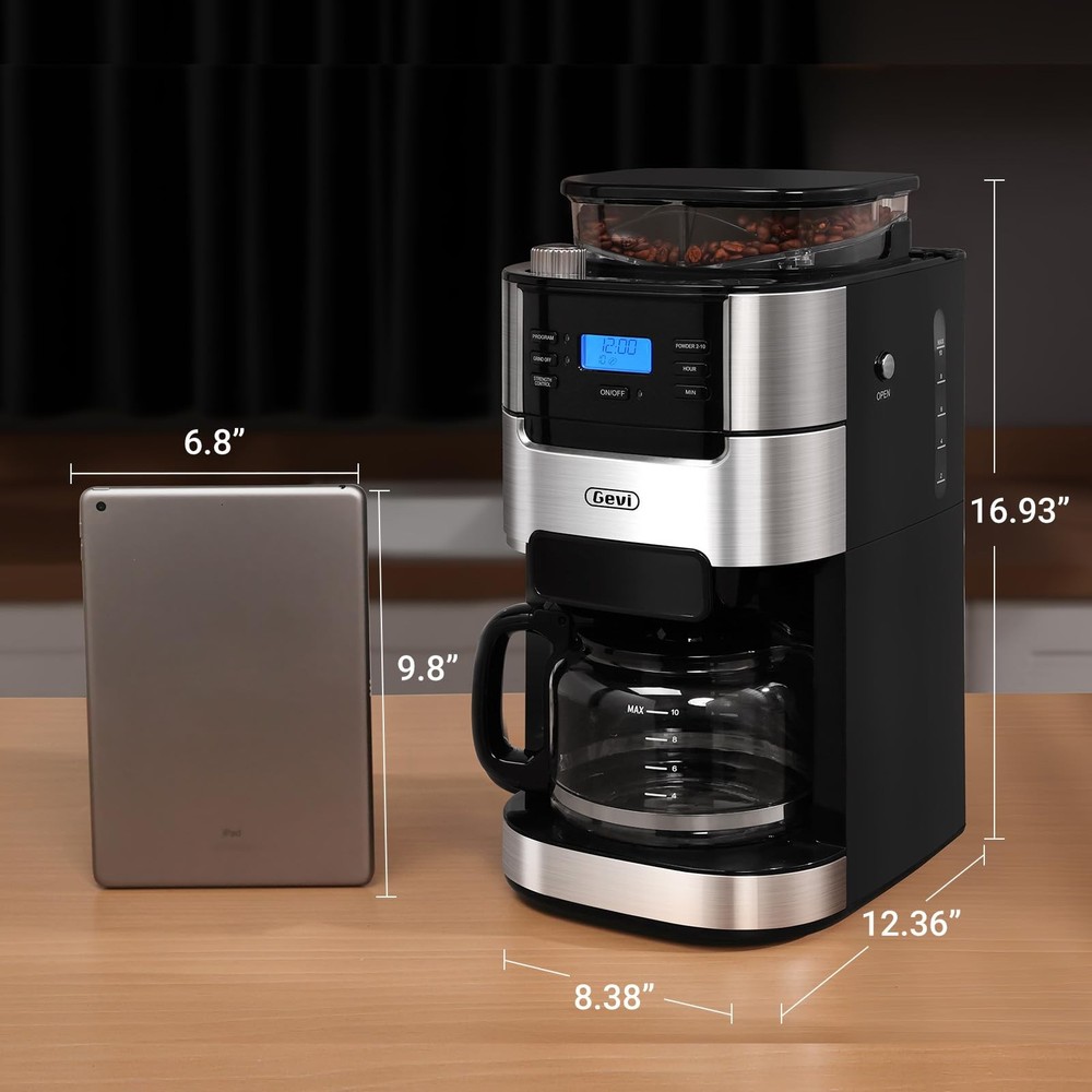 Gevi 10-Cup Drip Coffee Maker with Built-in Burr Grinder & Programmable Timer