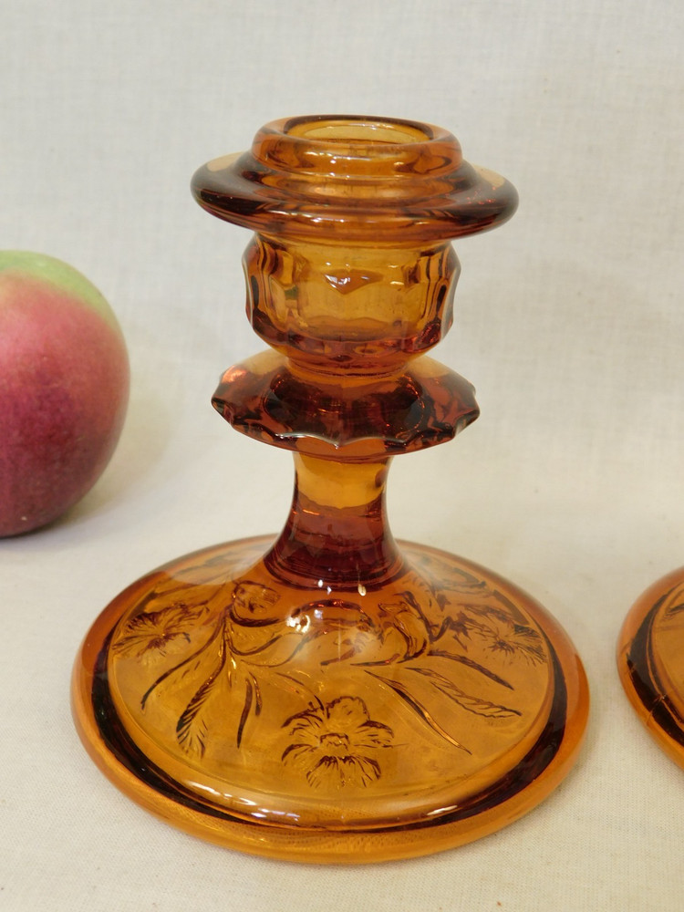 2 Amber Brown Depression Glass Candle Holders w/ Flower Pattern