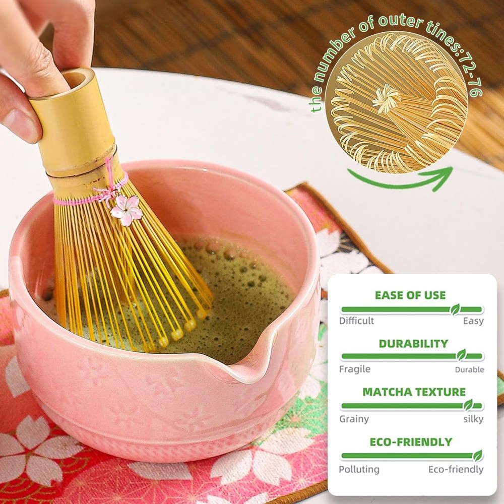 8-Piece Matcha Tea Set with Ceramic Bowls (Flower Pattern), Bamboo Whisk, Sco...