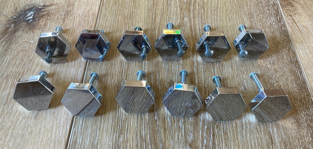 12 Vintage Shiny Chrome 1.25" Hexagonal Cabinet Pull Knobs