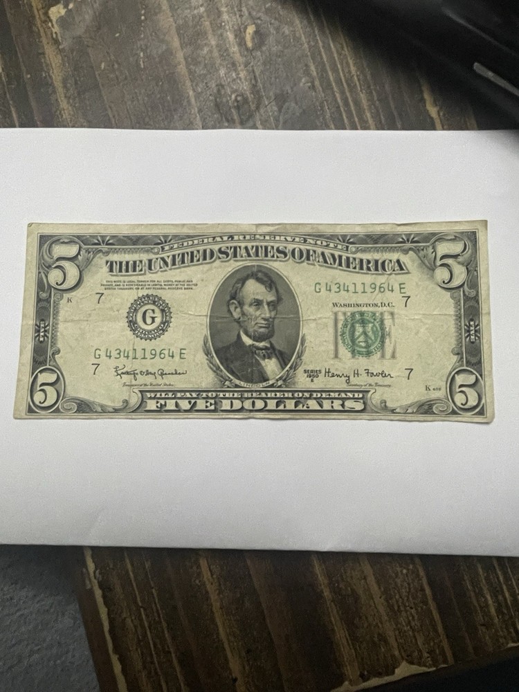 Misprint/ Miscut 1950 $5 Bill Circulated