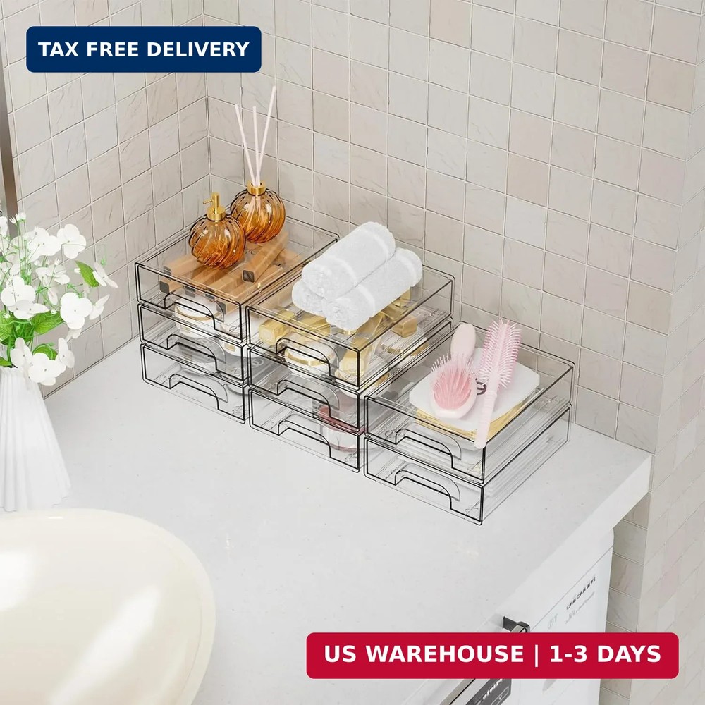 Yieach 2.2'' Tall Acrylic Clear Stackable Storage Drawer Organizer,8 Pack Desk O