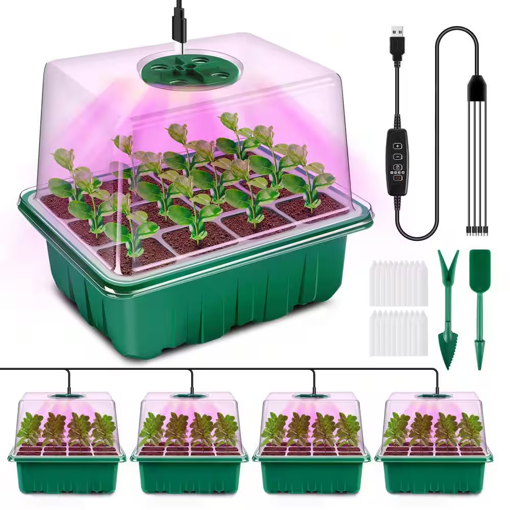 4-Pack Seed Starter Kit, Grow Light, Timing Controller, Adjustable Brightness, T