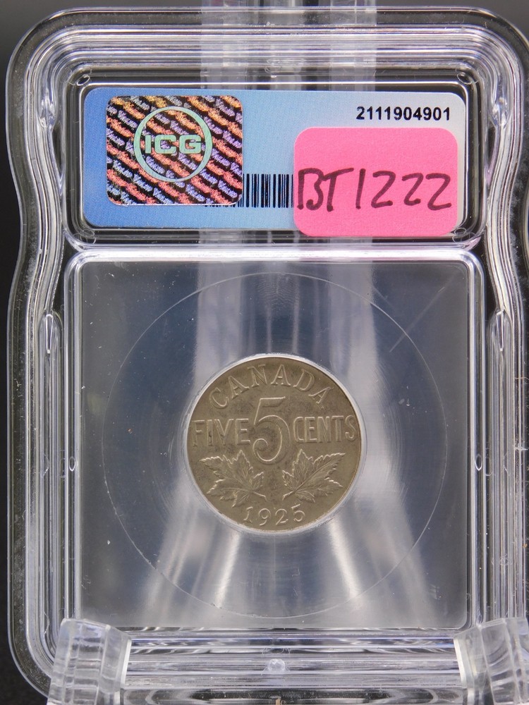 1925 CANADA FIVE CENT ICG AU50 (BT1222)
