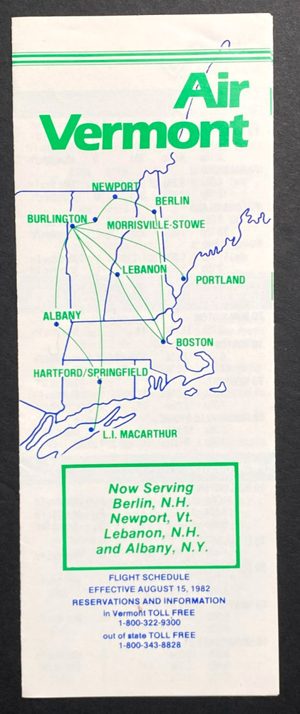 Air Vermont Timetable Effective August 15, 1982