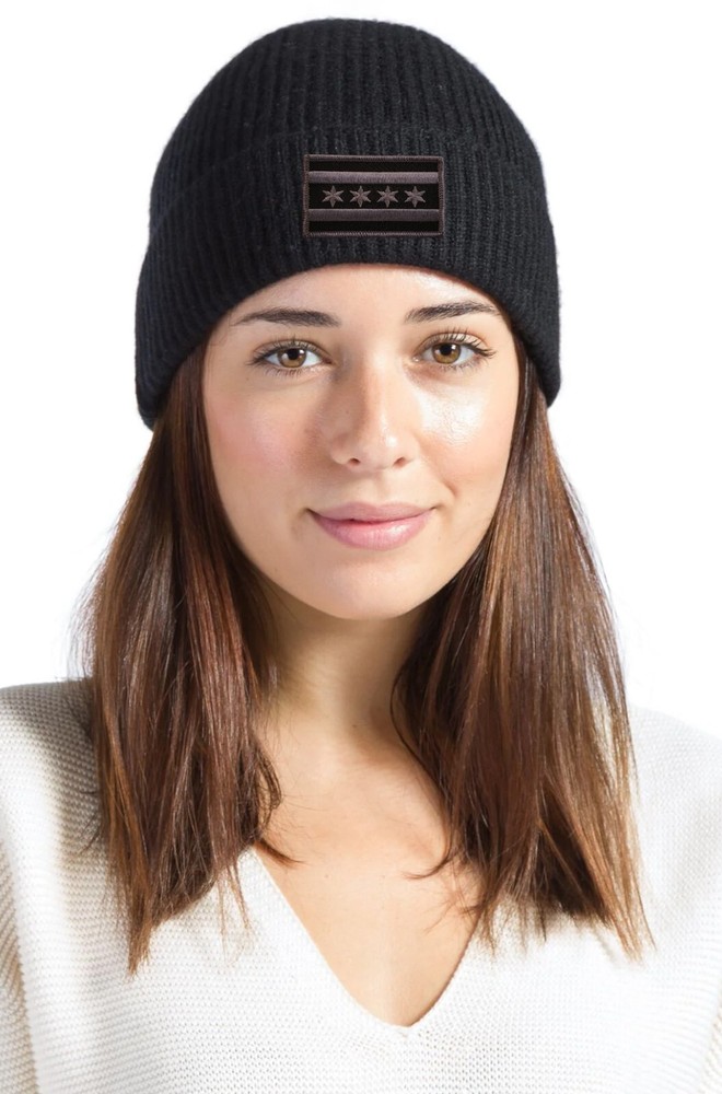 Chicago Flag Patch Subdued Cuffed Ribbed Beanie Hat Black