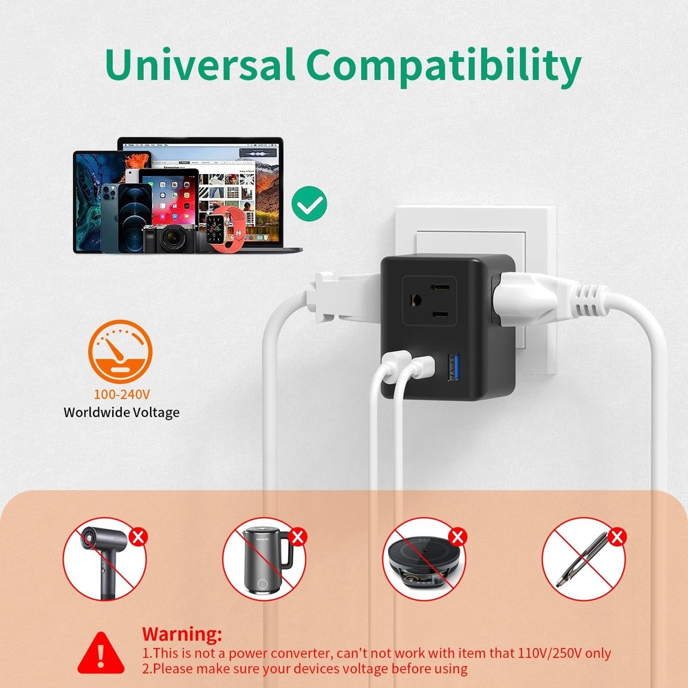 Multi Plug Socket Extender with 3 USB Ports (1 USB-C) Wall Charger No Surge