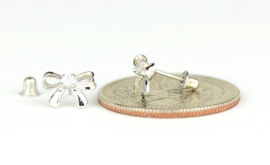 14k Solid White or Yellow Gold Bow Tie Stud Earrings with CZ