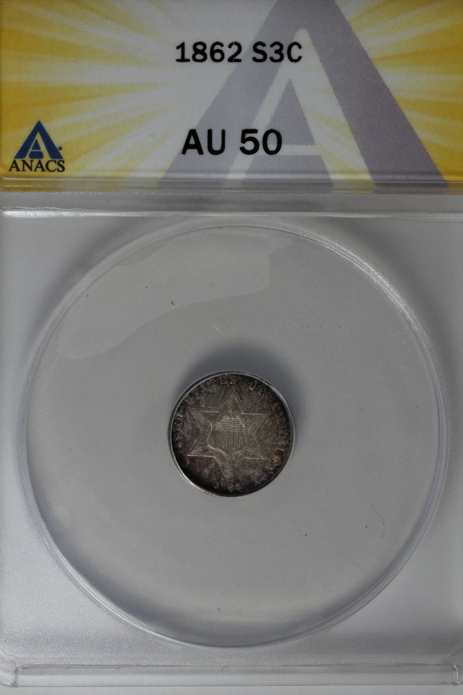 1862 .03 ANACS  AU 50 STAR AND SHIELD three cent (3c), Trime