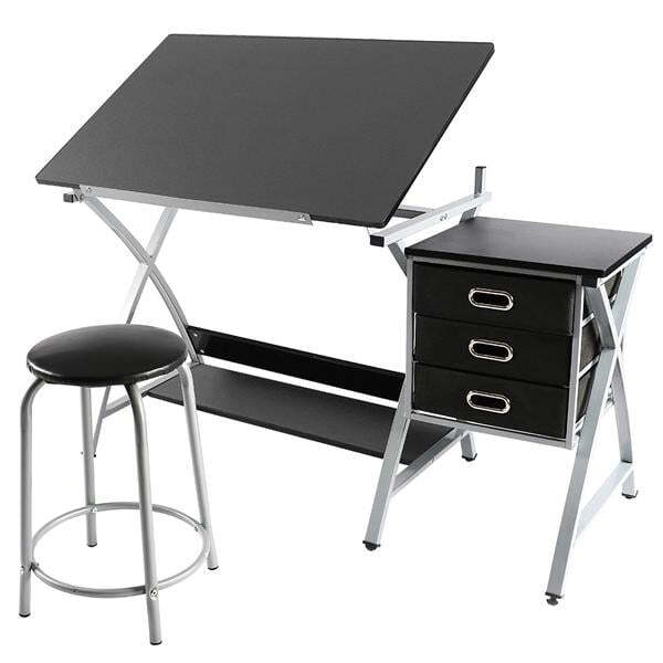 Adjustable Steel Drafting Table Three Storage Drawers Shelf and Stool