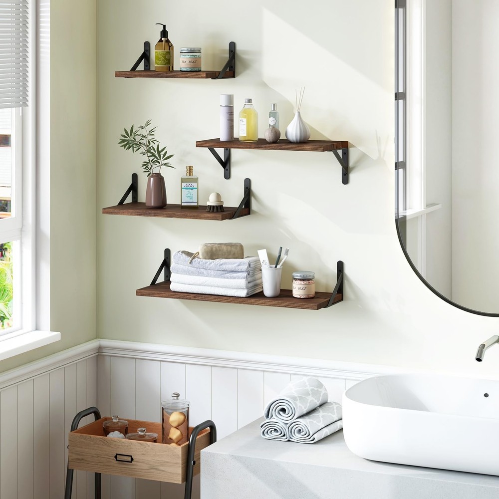 YGEOMER Floating Shelves for Wall, Different Sizes Dark Carbonized Pine Wall ...