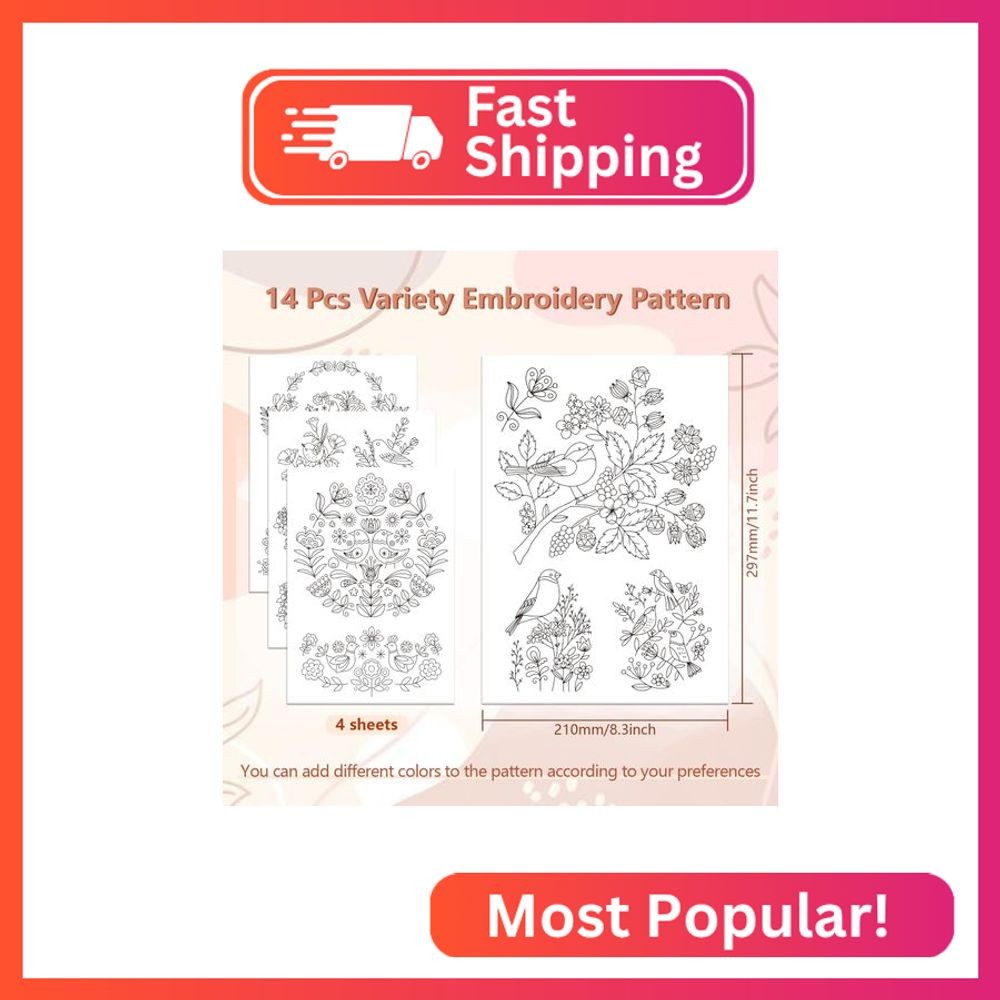 Peacoblue Water Soluble Embroidery Patterns for Beginners 4 Sheets with 14pcs Bi