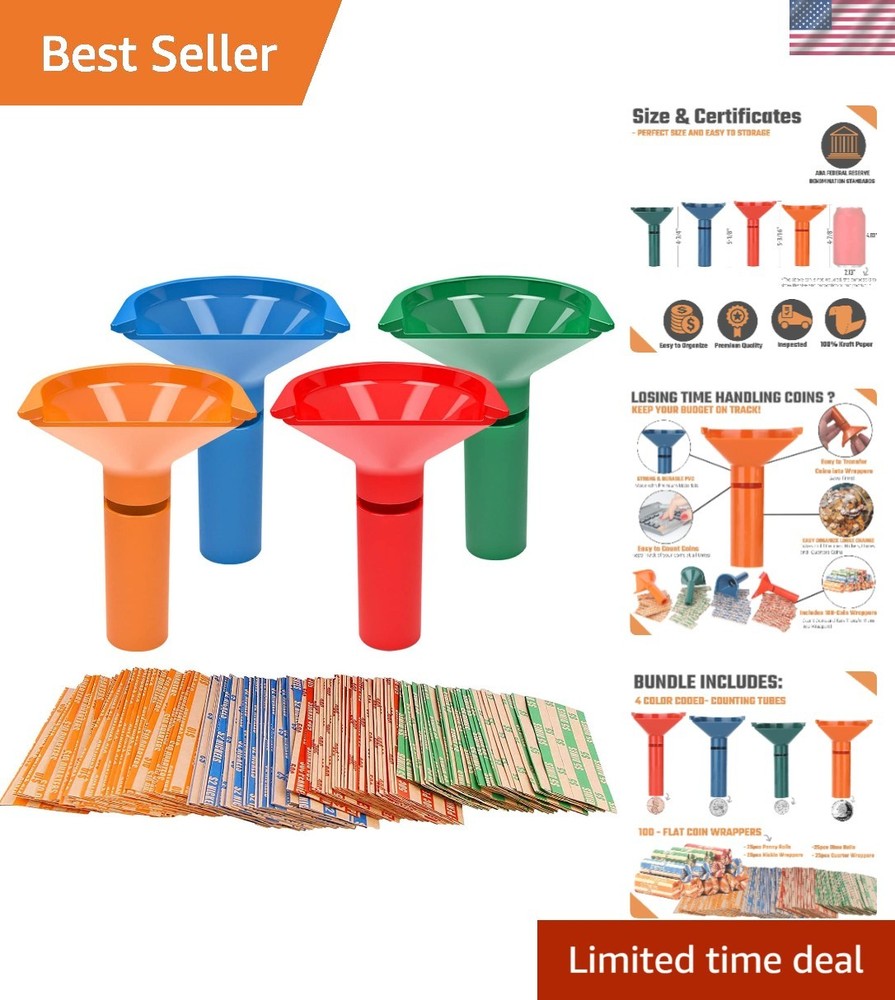 Effortless Coin Organization Set: 4 Color-Coded Storage Tubes & 100 Wrappers