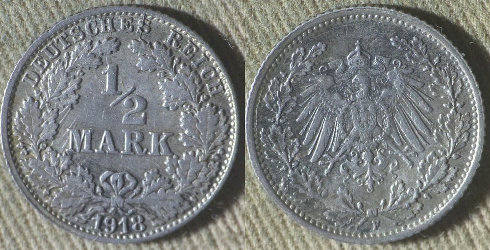 Errors:Ger.Emp.1918F 1/2 Mark Die Breaks Both Sides Deep Die Crack Obv IREC428