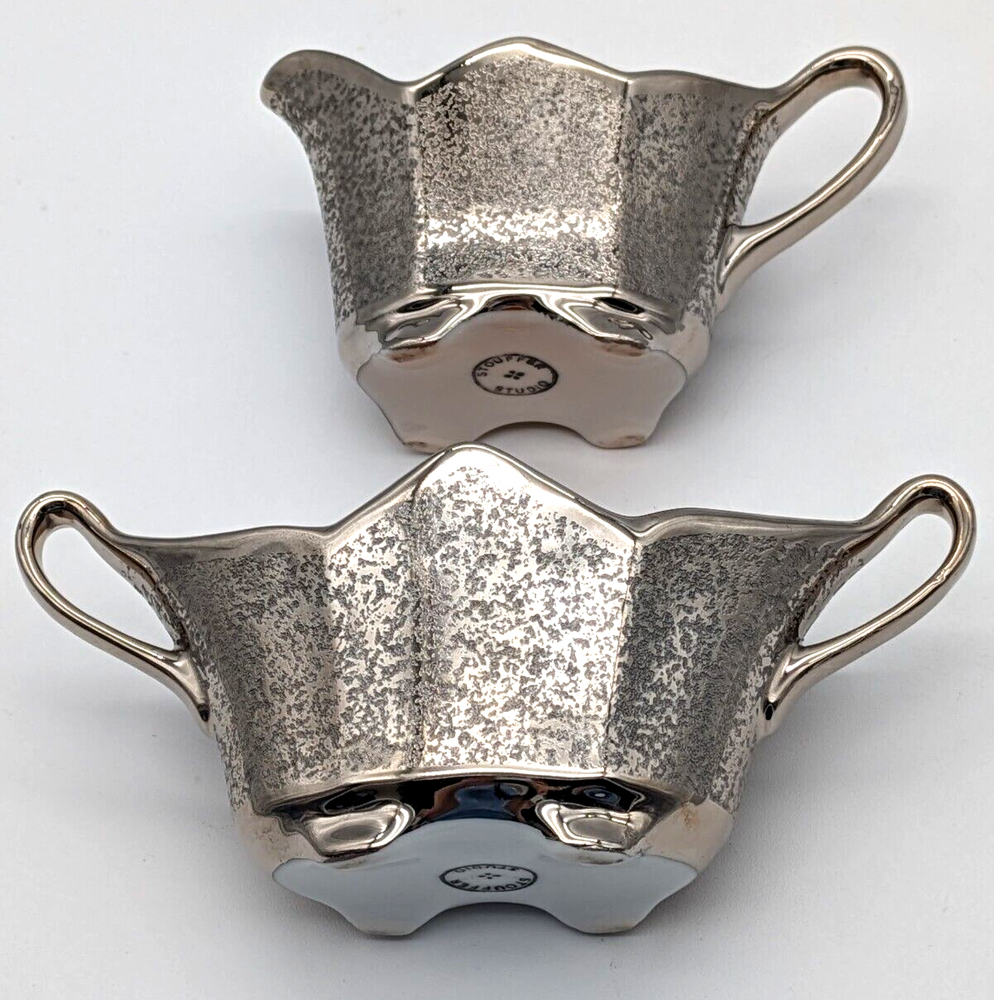 Stouffer Studio China Silver Textured Creamer & Sugar With 24 Kt Gold Lining