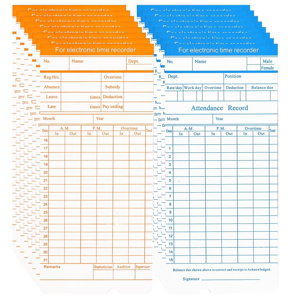 Time Cards, Monthly Timesheet, Clock Timecard, 6 Column 2-Sided Card - 100pcs