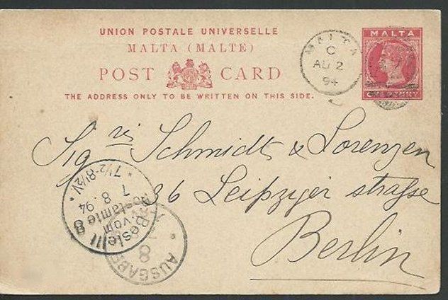 MALTA 1894 QV 1d postcard commercially used to Germany.....................60994