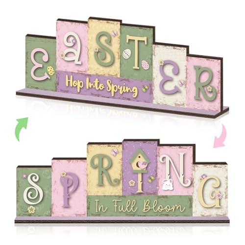 Spring Table Decor Farmhouse Easter Table Centerpiece, Reversible Wooden Pastel
