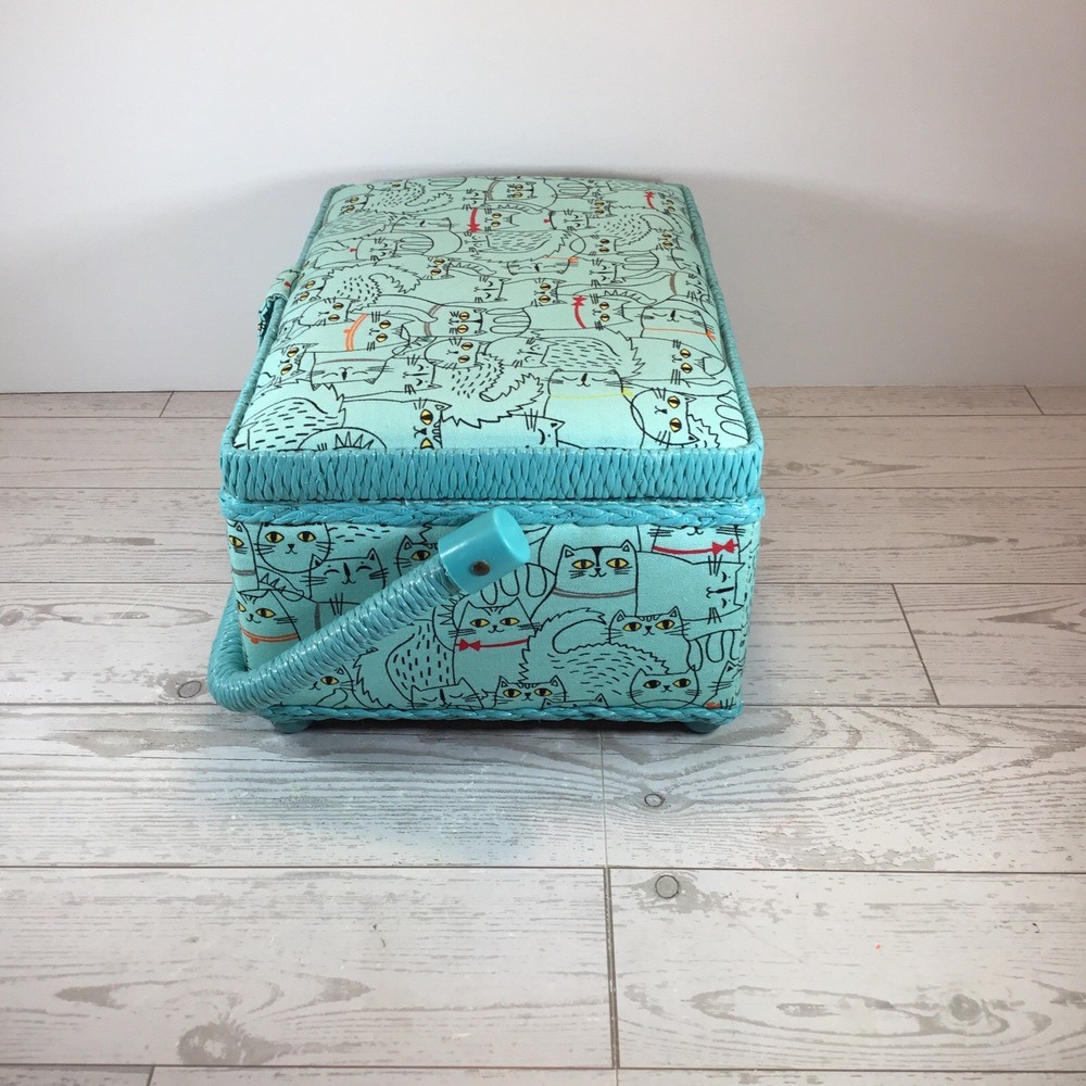Sewing Box/Basket Light Blue With Cat Print