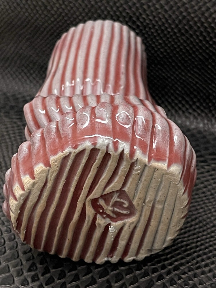 VTG Modernist Free Form Ruby Candy Stripe Glazed Ceramic Vase Signed 6" Tall