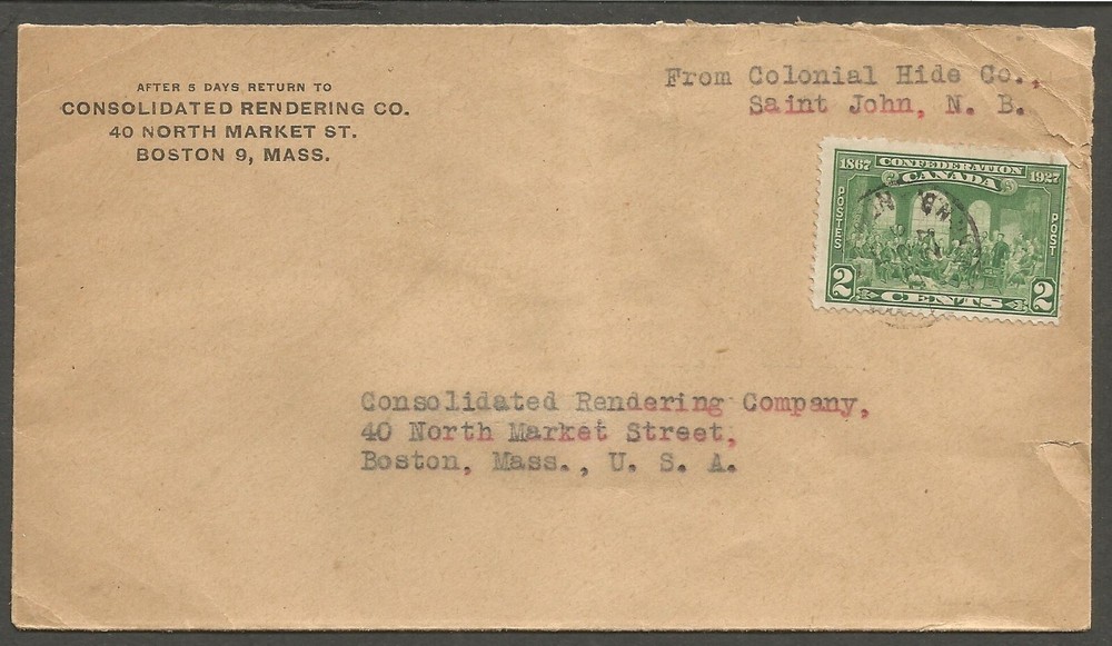 1927 Colonial Hide Rendering Advertising Cover 2c Confederation CDS St John NB