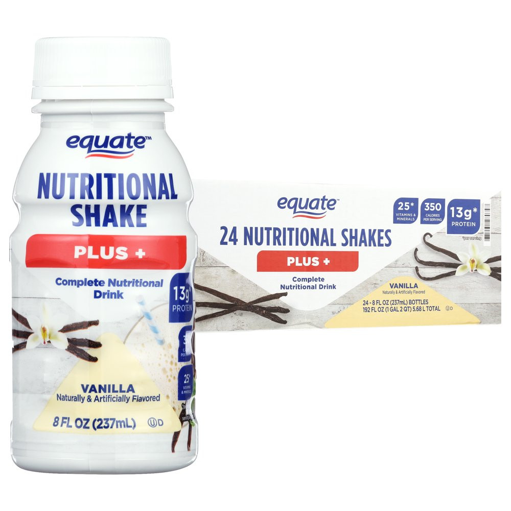 2 Pack Equate Nutritional Shakes Plus, Vanilla, 8 fl oz, 24 Ct Pk