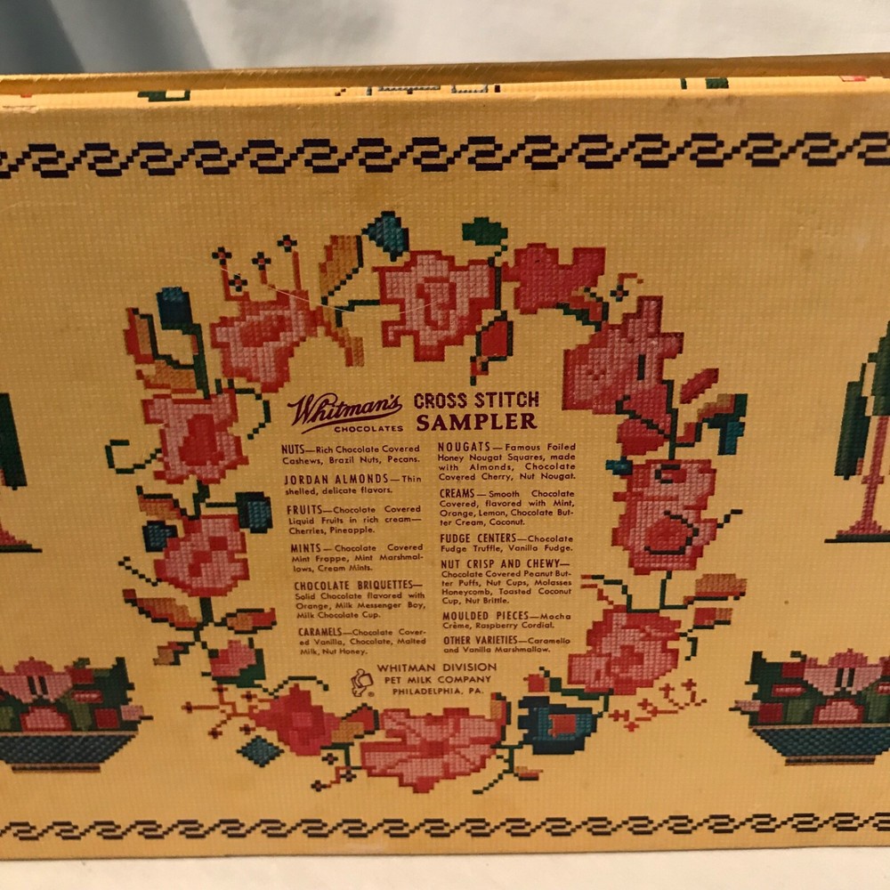 Whitman's Chocolates & Confections Cross Stitch Sampler Empty Hinged Box $11.99