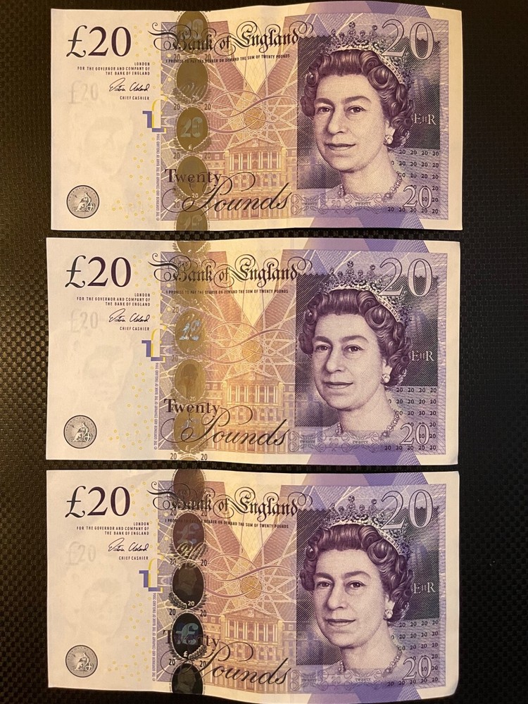3 x Old British Twenty Pound Notes-Consecutive number-very good condition