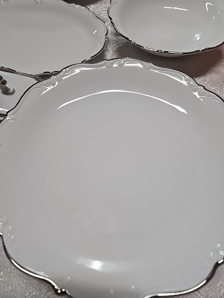 53 Pc Bavaria Tirschenreuth Silver Scroll Scalloped Dinnerware Set Pasco White