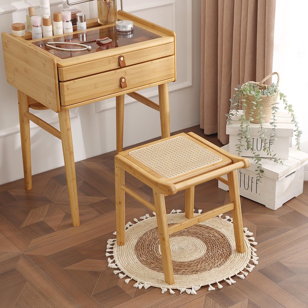 Rattan Vanity Stool, Modern Square Vanity Makeup Chair with Handle, Accent Sm...