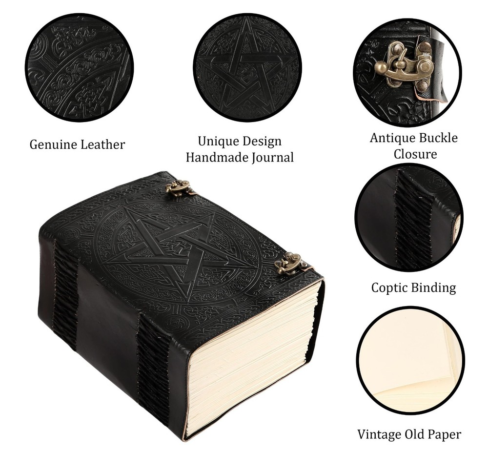 1000 White Pages Black Pentagram Embossed Journal - Handmade Grimoire Notebook