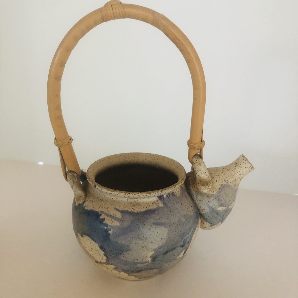 Studio Art Pottery Stoneware Teapot Bamboo Handle & Cup Speckled Glaze Signed