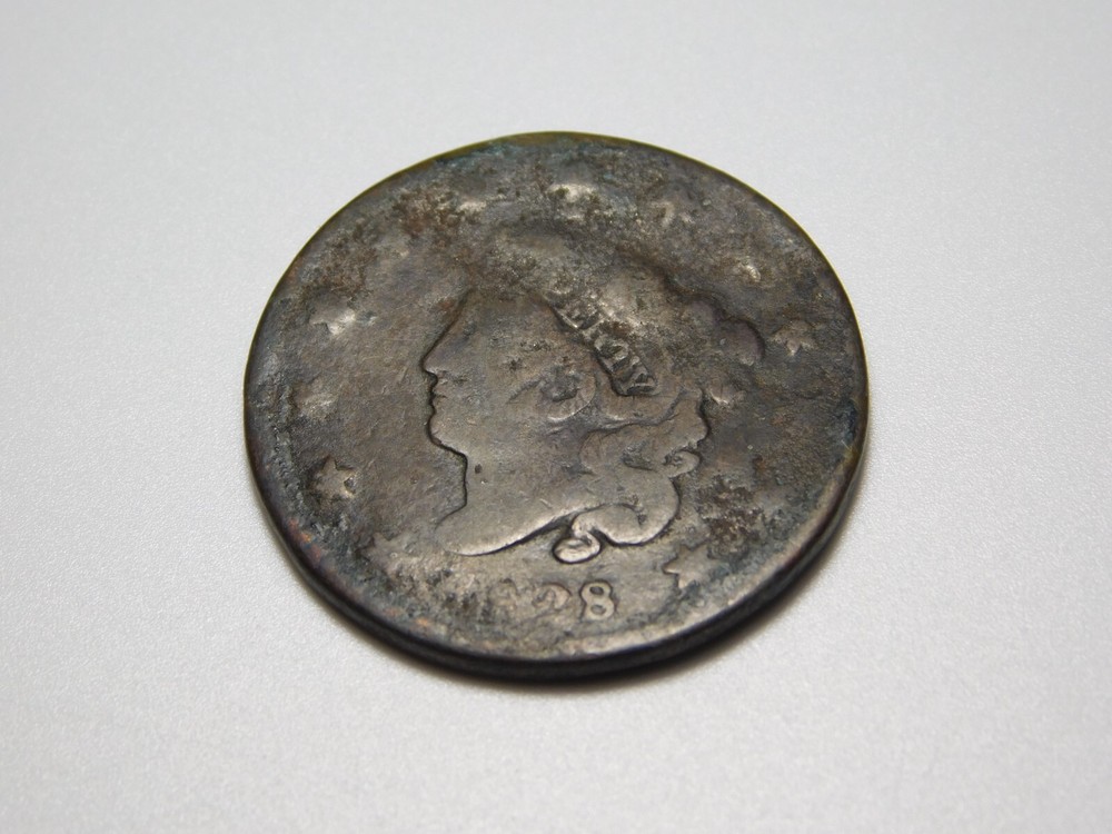 OLD US COPPER COINS 1828 CORONET HEAD LARGE CENT *BENT*
