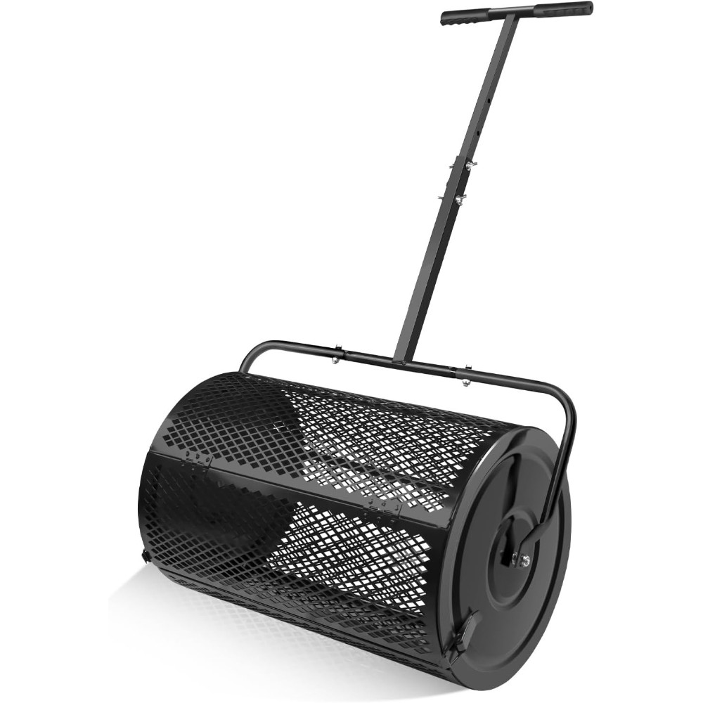 24" Heavy Duty Compost Spreader, Adj T-Handle & Metal Mesh Roller, Rust-Proof