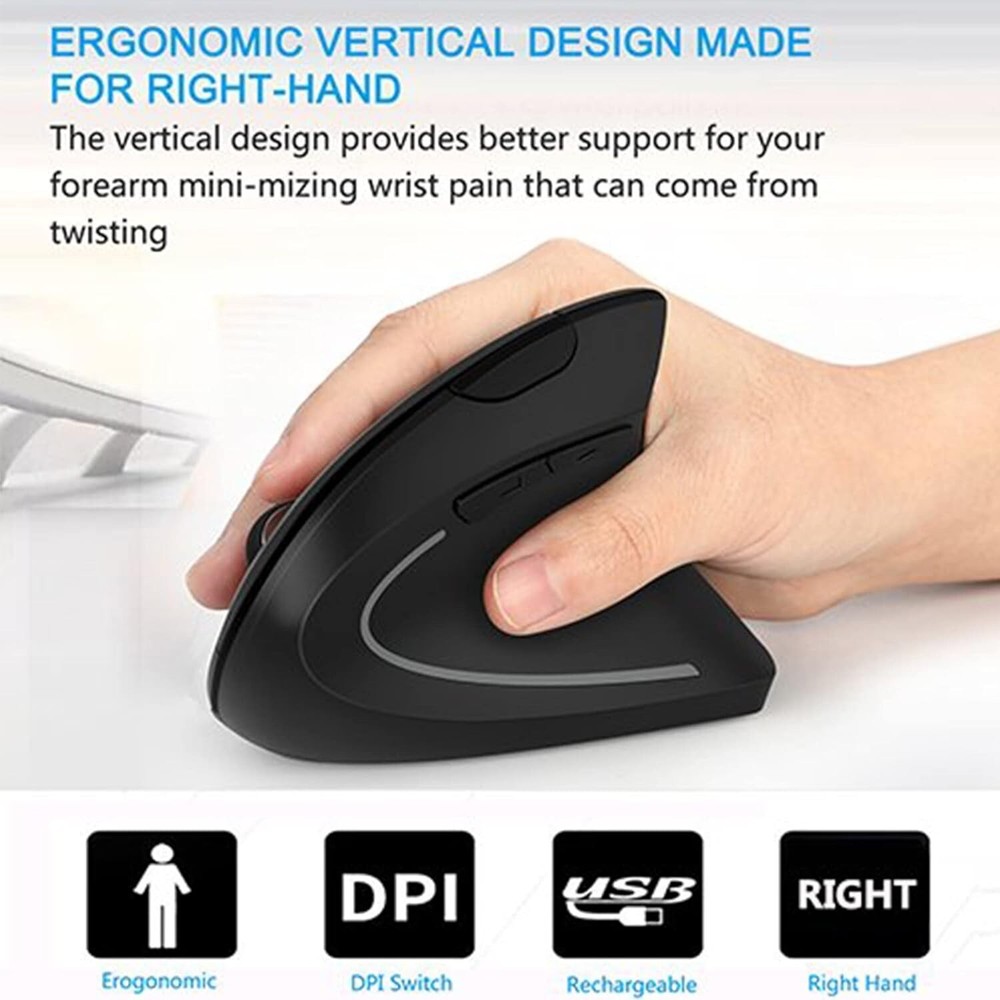 Ergonomic Mouse, Vertical Wireless Mouse - Rechargeable 2.4GHz, 6 Buttons