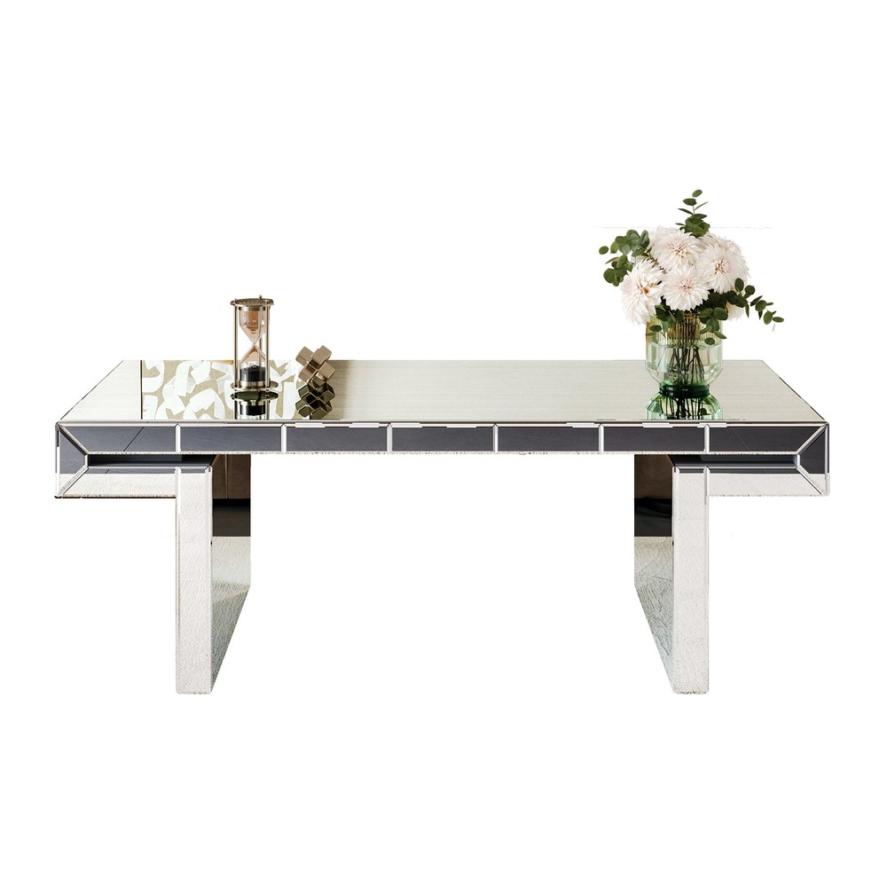 47 Inches Luxury Rectangular Mirror Coffee Table with Fluted Tempered Glass, Mo