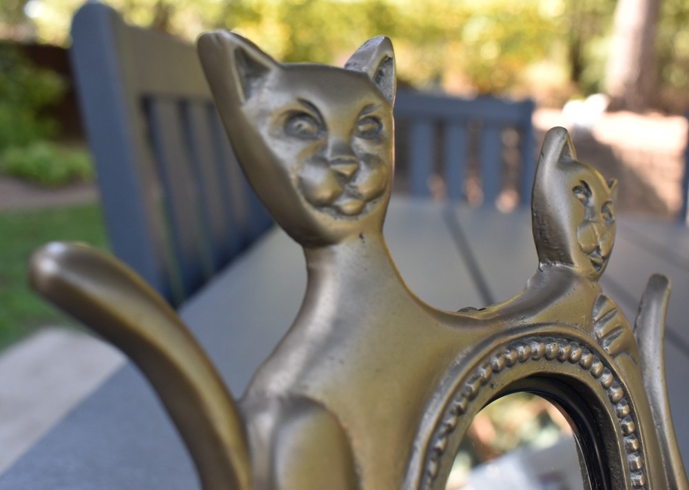 Vintage Brass SIAMESE Cat EASEL Vanity Mirror