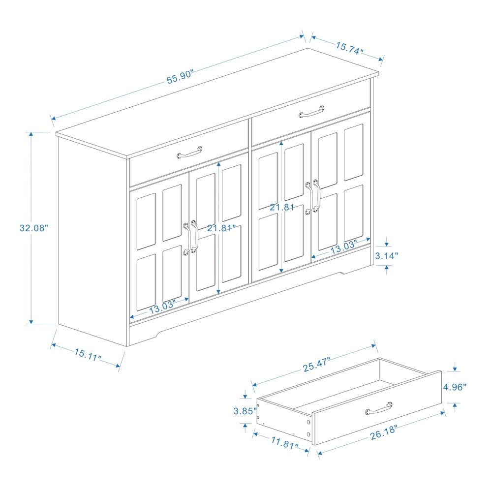 55.91" Buffet Cabinet - 2 Drawers, 4 Doors, Storage Sideboard for Dining White