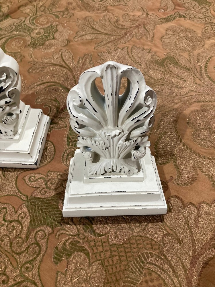 Vintage Whashed White-Toned Shell Bookends – Ornate Scroll Base – 6.5" Tall