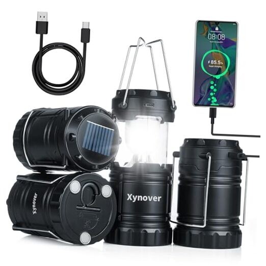 Solar Camping Lantern 4-Pack - Rechargeable LED Lights, Magnetic Base & 4 Pack