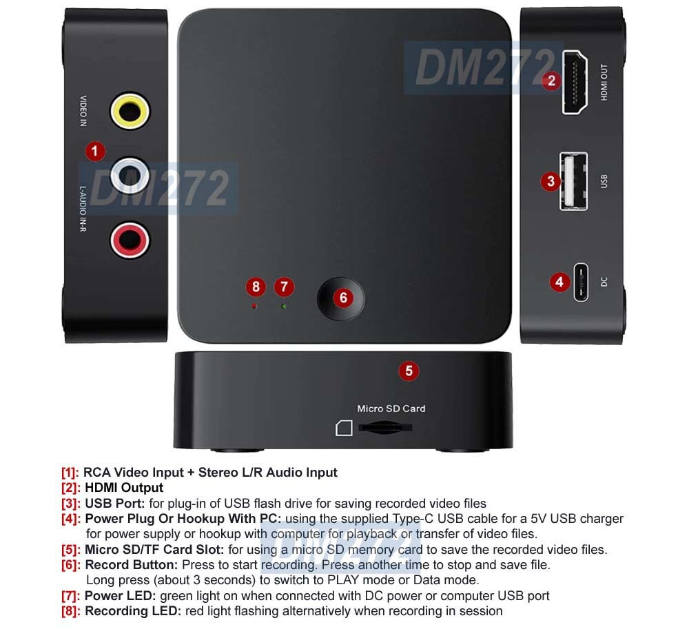 Digital Video Recorder With RCA AV Input HD Out Micro SD Card USB 2.0 Input