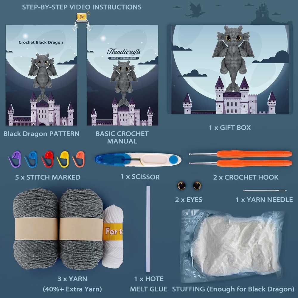 Crochet Kits with Step-by-Step Video Tutorials,Back Dragon 9 inch Christmas Gift