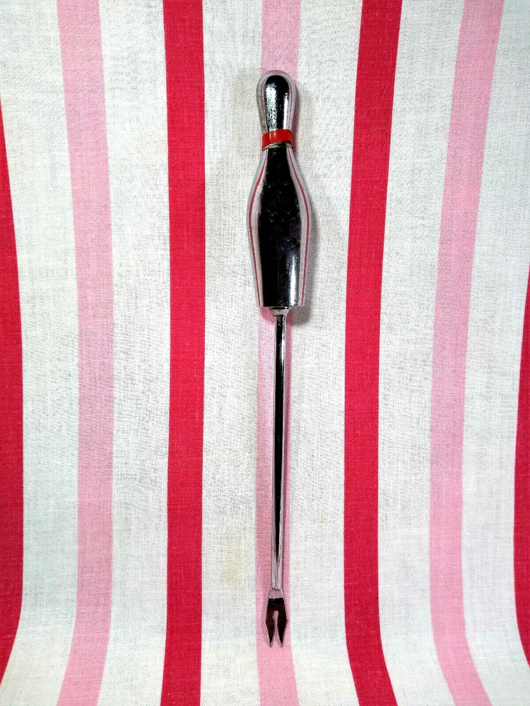 Awesome Vintage Chrome Bowling Pin Handle Cocktail Olive Fork Barware Tool Japan