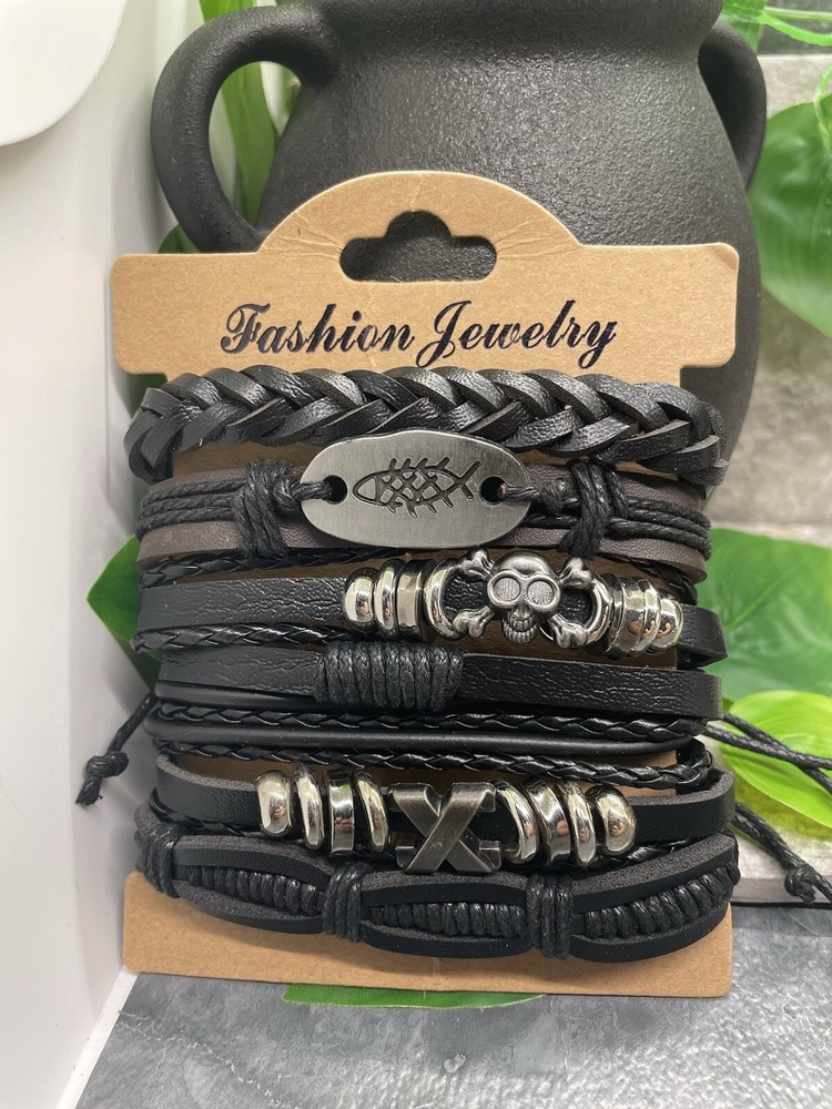 6 PC PU Leather Punk Bead Bracelet Stackable Adjustable Tie New Free Ship B3643