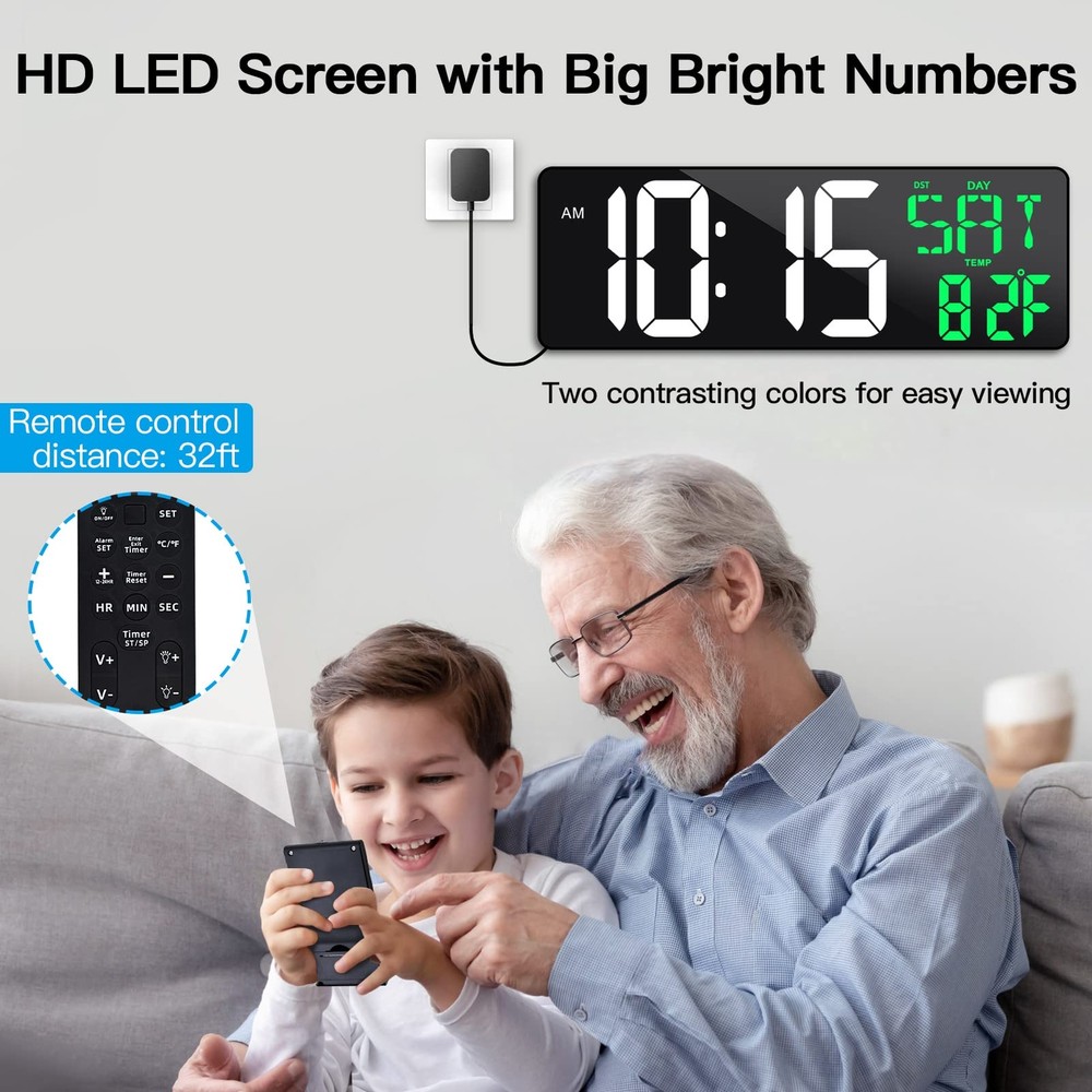 17 Inch Large Digital Wall Clock with Remote Control Automatic Brightness Dim...
