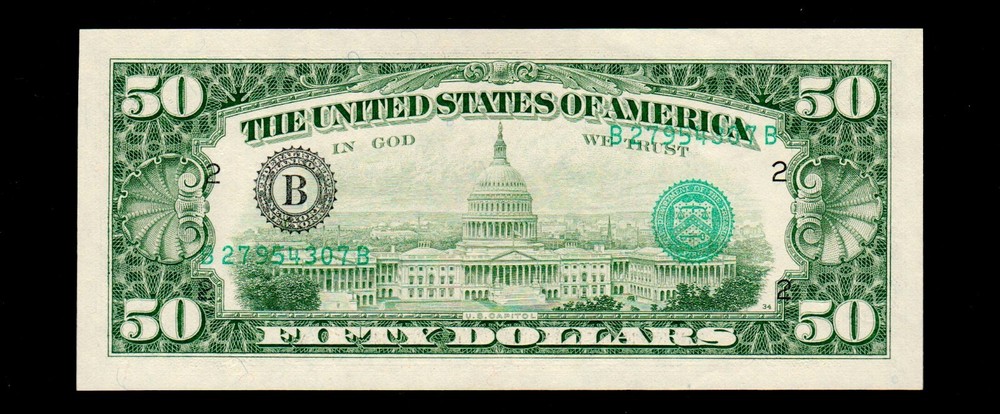 Overprint On Back Error 1985 $50 Federal Reserve Note New York GEM UNC